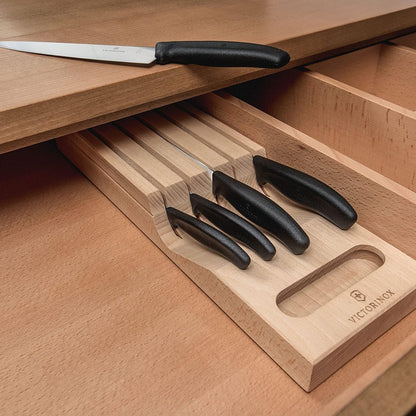 Swiss Classic In-Drawer Holder & Knife Set - Includes Organizer and Bread, Santoku, Carving, Paring, Tomato, & Table Knives - 6-Piece Set