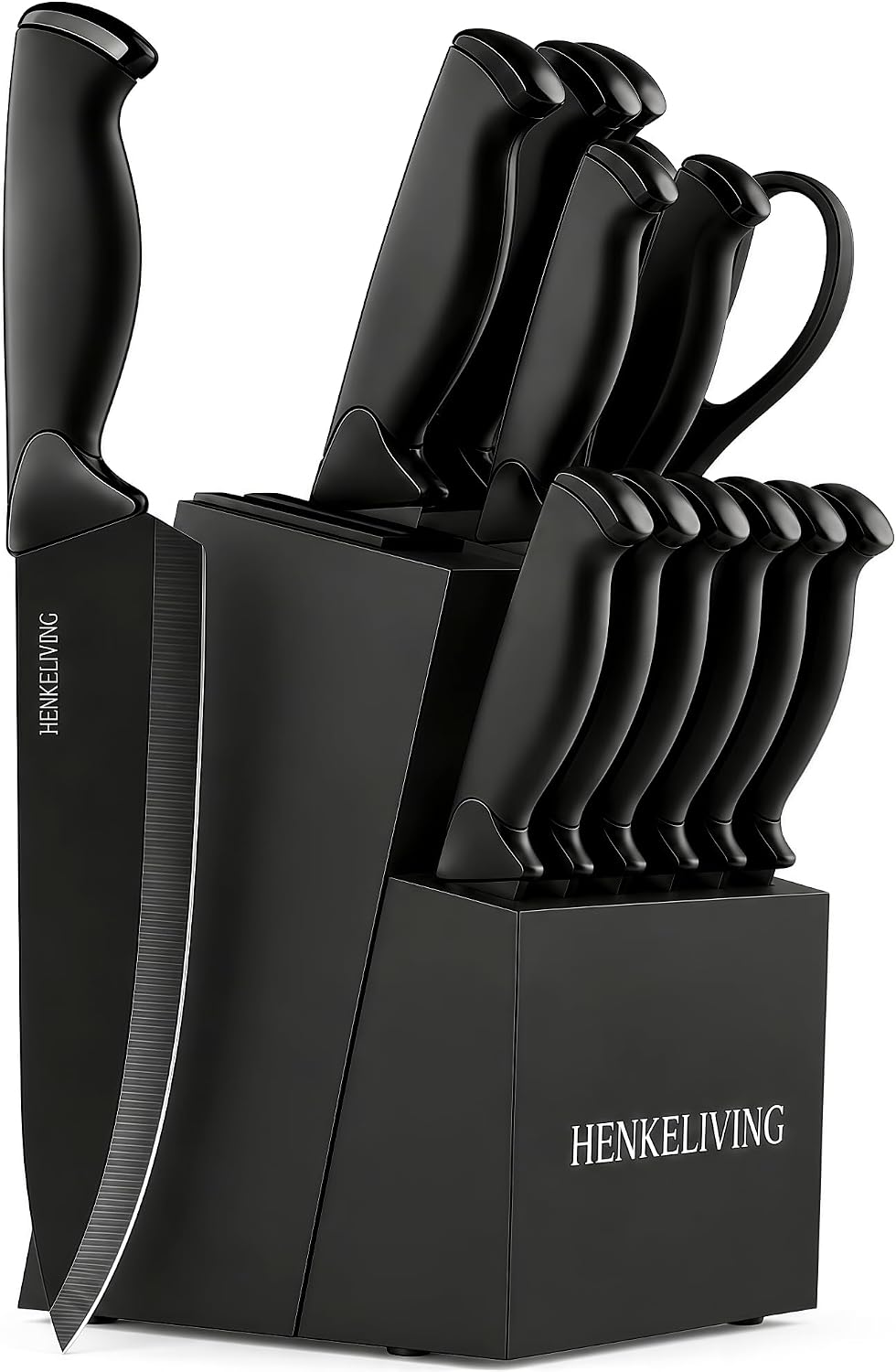 14-Piece Black Kitchen Knife Block Set with Built-In Sharpener | German high-carbon stainless steel blades, dishwasher safe, ultra-sharp edges, ergonomic non-slip handles