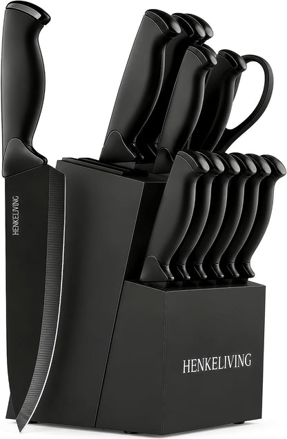 14-Piece Black Kitchen Knife Block Set with Built-In Sharpener | German high-carbon stainless steel blades, dishwasher safe, ultra-sharp edges, ergonomic non-slip handles