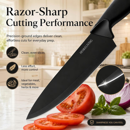 14-Piece Black Kitchen Knife Block Set with Built-In Sharpener | German high-carbon stainless steel blades, dishwasher safe, ultra-sharp edges, ergonomic non-slip handles