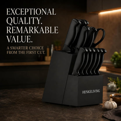 14-Piece Black Kitchen Knife Block Set with Built-In Sharpener | German high-carbon stainless steel blades, dishwasher safe, ultra-sharp edges, ergonomic non-slip handles