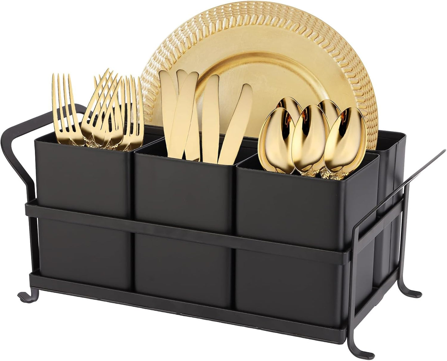 Silverware Caddy Metal Utensil Holder for Party Countertop Silverware Utensil Caddy Cutlery Flatware Organizer for Spoons Forks Plates Napkins white&Black