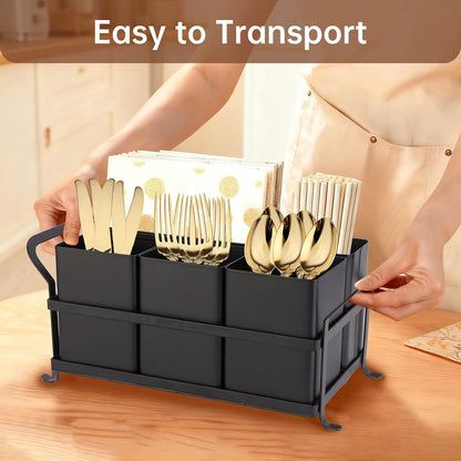 Silverware Caddy Metal Utensil Holder for Party Countertop Silverware Utensil Caddy Cutlery Flatware Organizer for Spoons Forks Plates Napkins white&Black