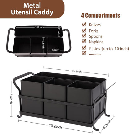 Silverware Caddy Metal Utensil Holder for Party Countertop Silverware Utensil Caddy Cutlery Flatware Organizer for Spoons Forks Plates Napkins white&Black