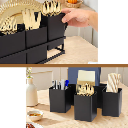 Silverware Caddy Metal Utensil Holder for Party Countertop Silverware Utensil Caddy Cutlery Flatware Organizer for Spoons Forks Plates Napkins white&Black