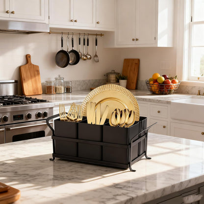 Silverware Caddy Metal Utensil Holder for Party Countertop Silverware Utensil Caddy Cutlery Flatware Organizer for Spoons Forks Plates Napkins white&Black