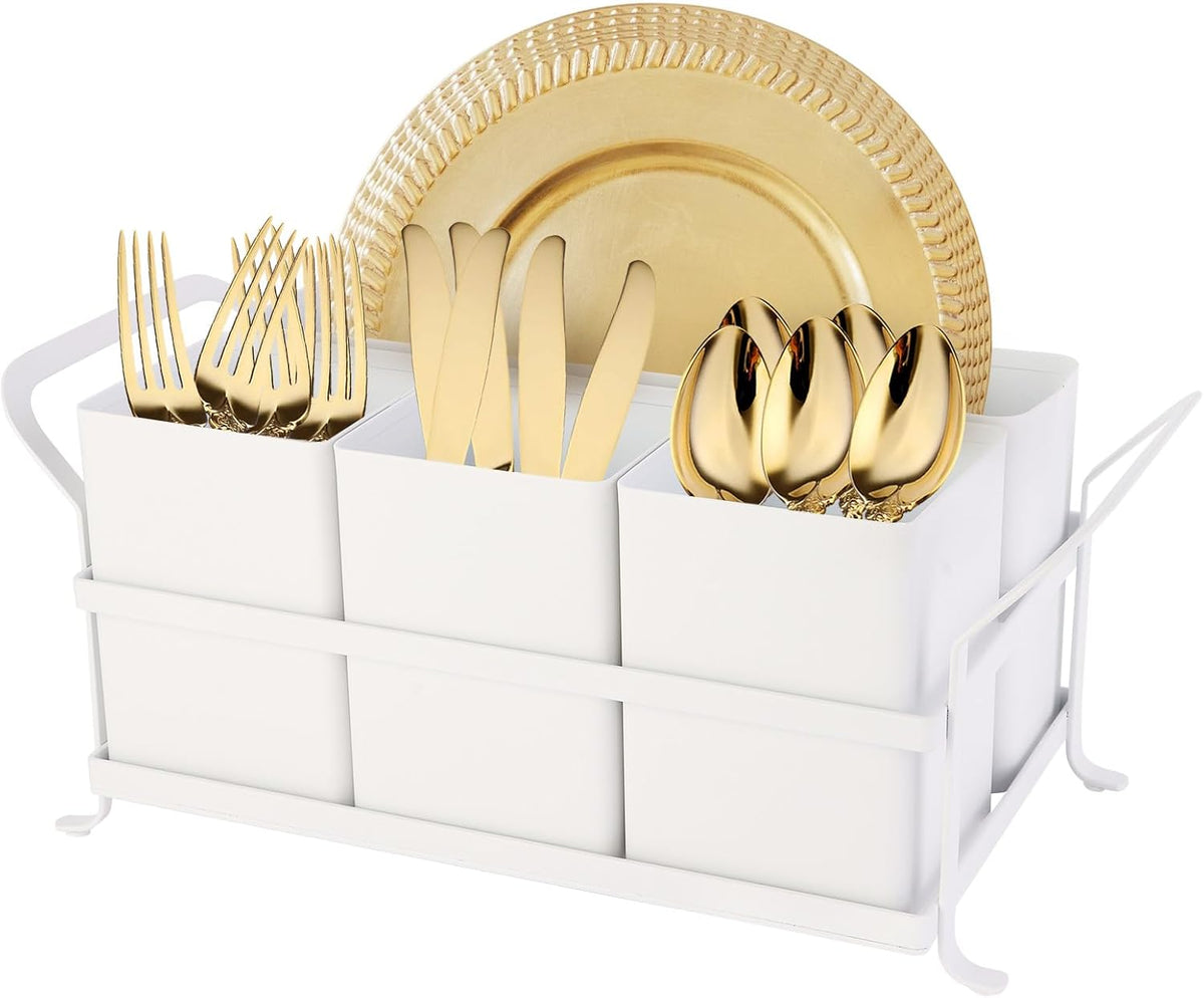 Silverware Caddy Metal Utensil Holder for Party Countertop Silverware Utensil Caddy Cutlery Flatware Organizer for Spoons Forks Plates Napkins white&Black