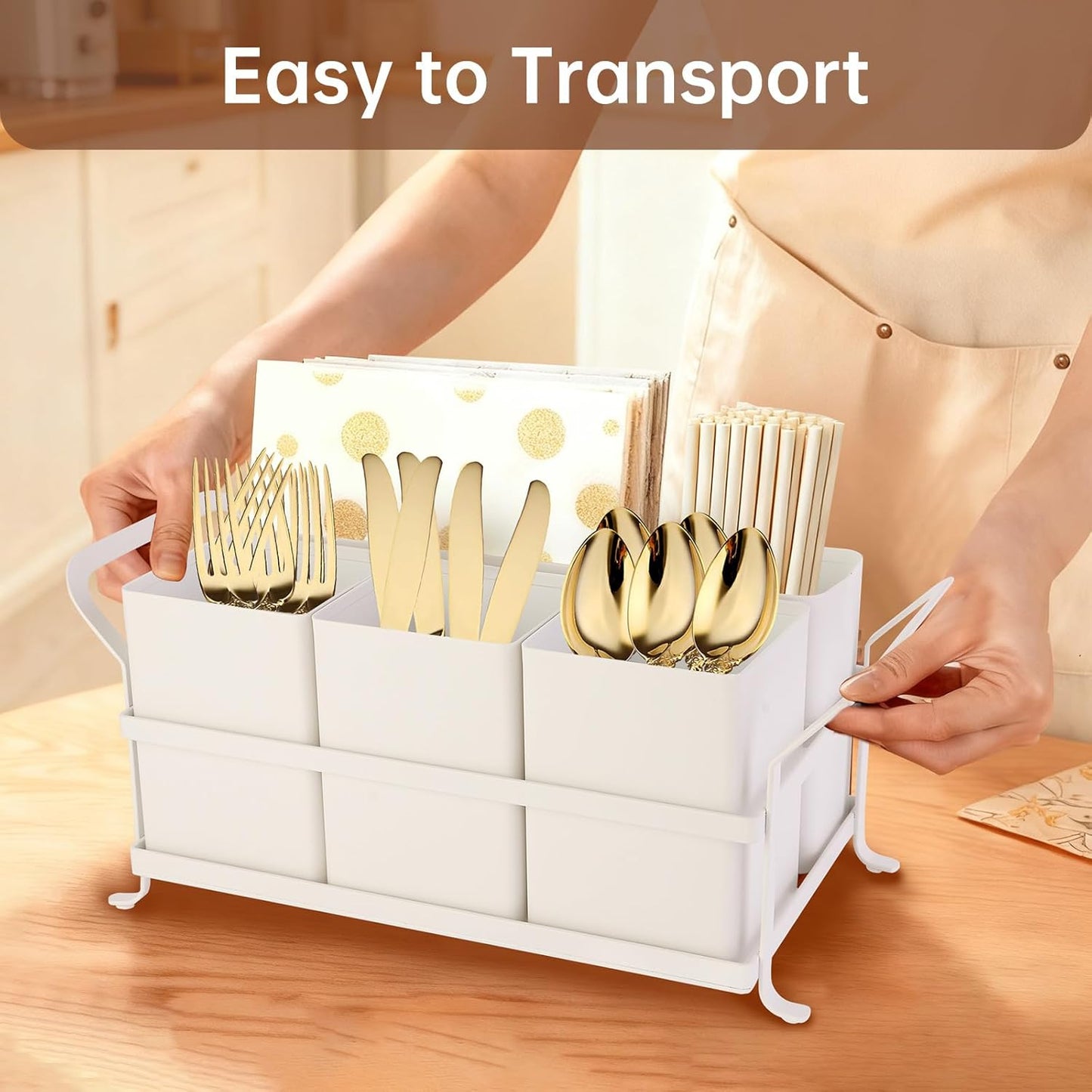 Silverware Caddy Metal Utensil Holder for Party Countertop Silverware Utensil Caddy Cutlery Flatware Organizer for Spoons Forks Plates Napkins white&Black