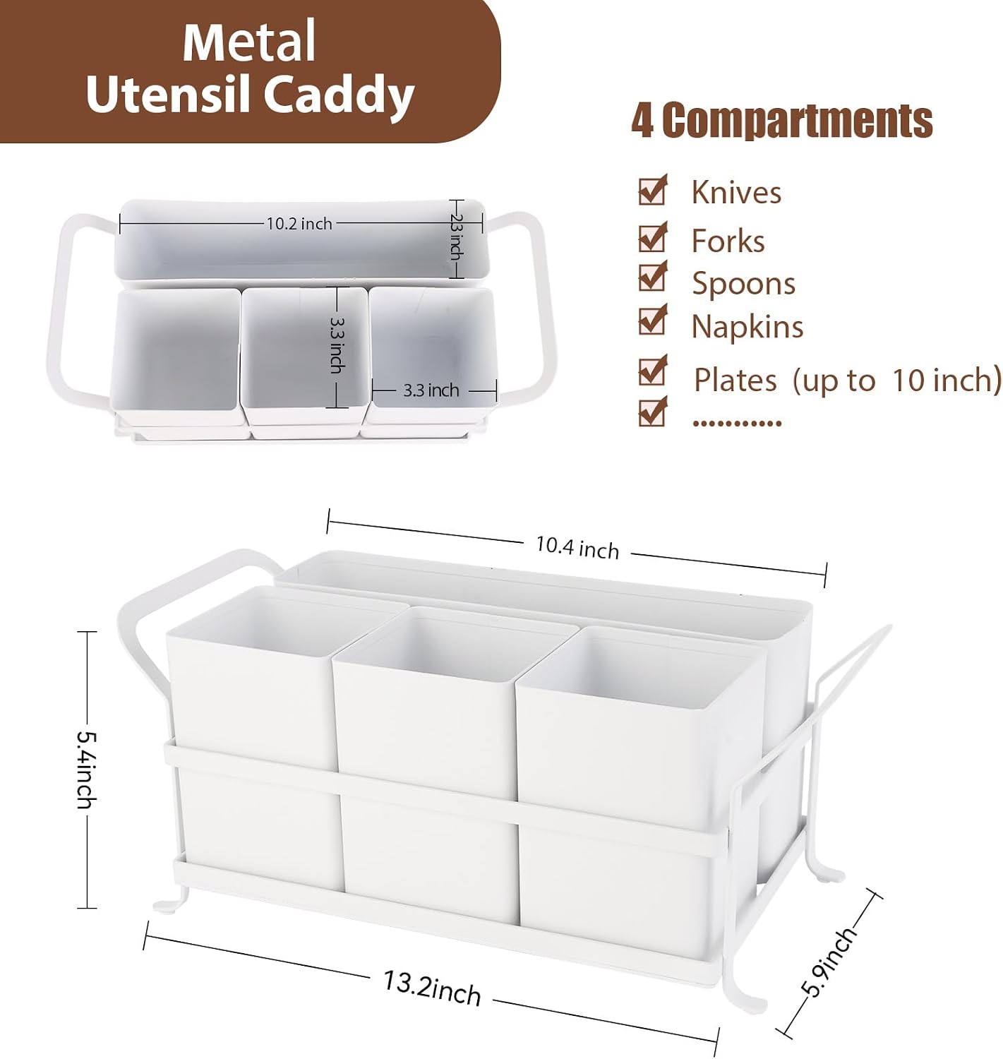 Silverware Caddy Metal Utensil Holder for Party Countertop Silverware Utensil Caddy Cutlery Flatware Organizer for Spoons Forks Plates Napkins white&Black