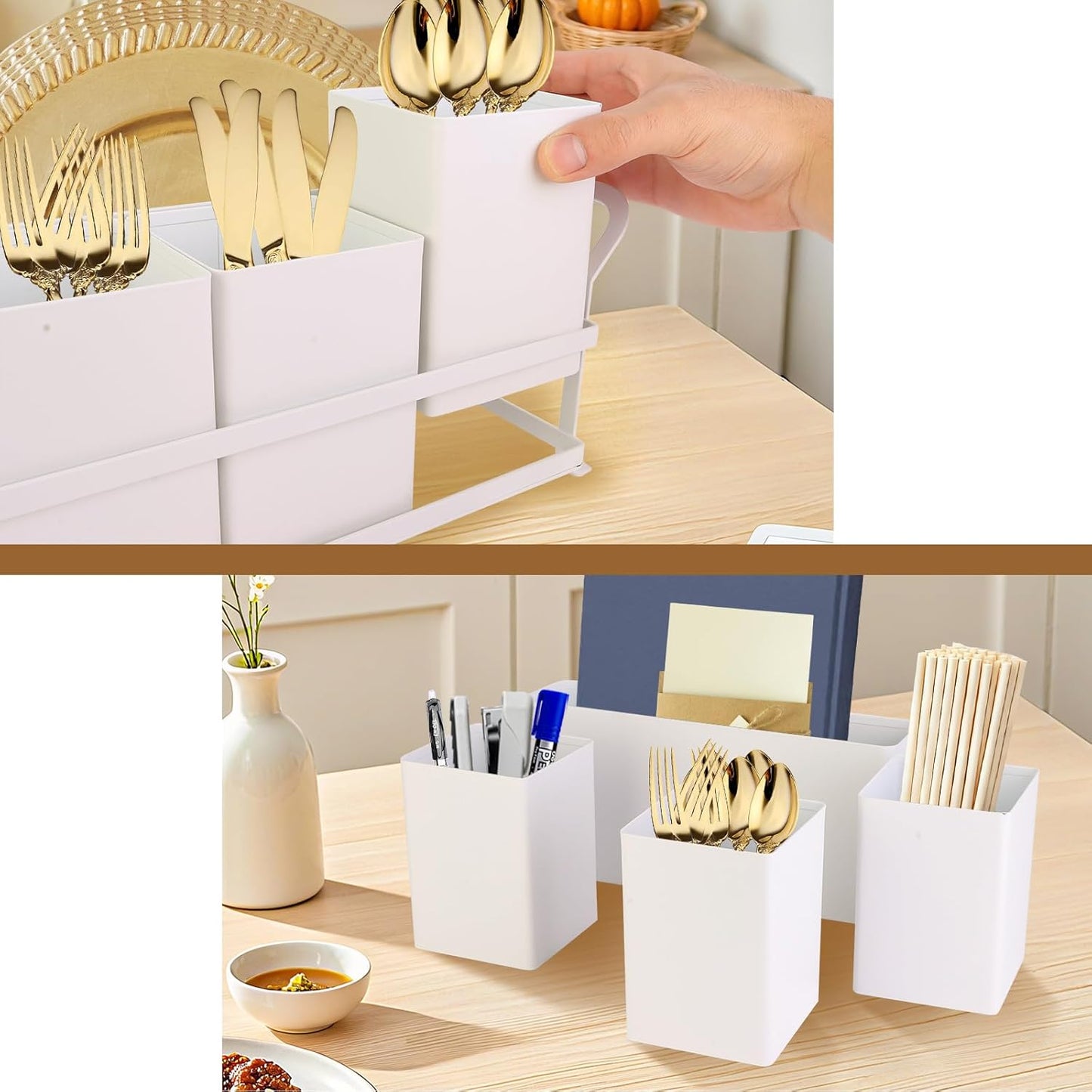 Silverware Caddy Metal Utensil Holder for Party Countertop Silverware Utensil Caddy Cutlery Flatware Organizer for Spoons Forks Plates Napkins white&Black