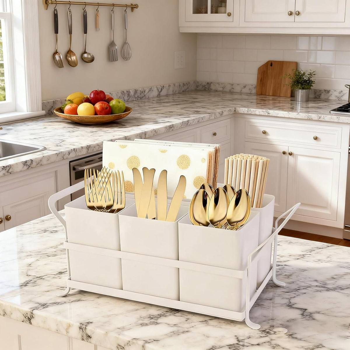 Silverware Caddy Metal Utensil Holder for Party Countertop Silverware Utensil Caddy Cutlery Flatware Organizer for Spoons Forks Plates Napkins white&Black