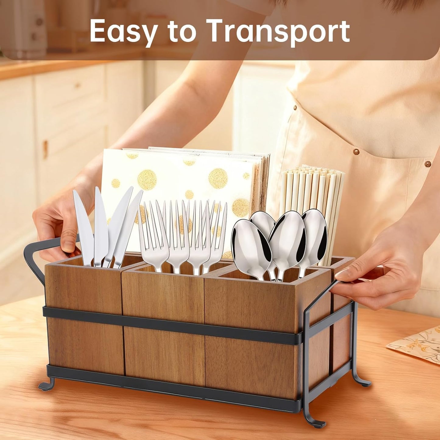 Silverware Caddy Metal Utensil Holder for Party Countertop Silverware Utensil Caddy Cutlery Flatware Organizer for Spoons Forks Plates Napkins white&Black
