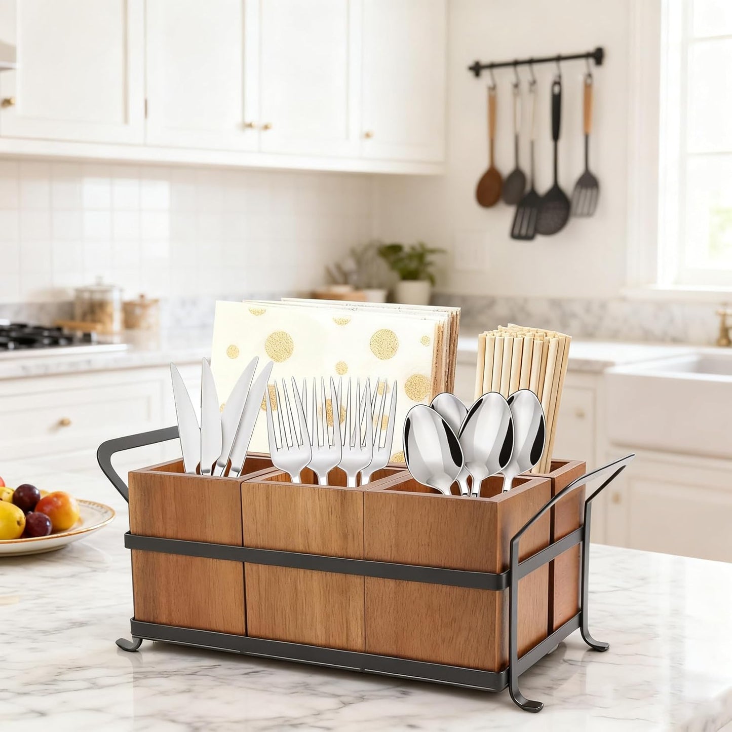 Silverware Caddy Metal Utensil Holder for Party Countertop Silverware Utensil Caddy Cutlery Flatware Organizer for Spoons Forks Plates Napkins white&Black