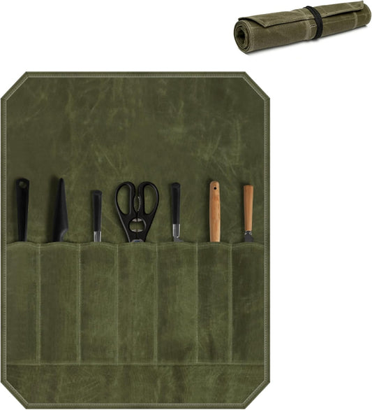Waxed Canvas Multi-Slot Chef Knife Roll Bag | Professional Protector Organizer for Kitchen Cutlery, Secure Blade Travel Multi-Purpose Storage Pouch & Case