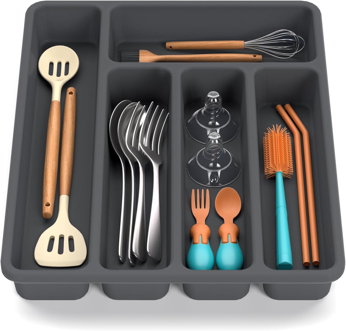 Non-Slip Silicone Kitchen Drawer Organizer for Utensils & Flatware | Heavy-Duty Silverware Cutlery Tray Insert | Waterproof, Easy-Clean for Office, Junk Drawer