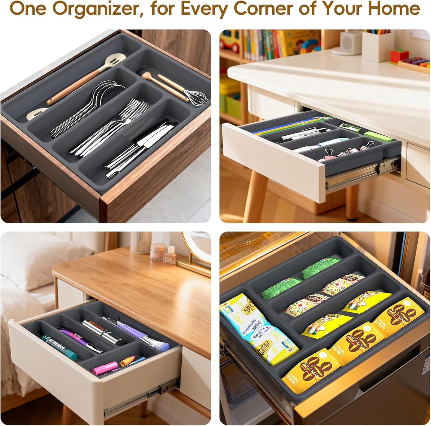 Non-Slip Silicone Kitchen Drawer Organizer for Utensils & Flatware | Heavy-Duty Silverware Cutlery Tray Insert | Waterproof, Easy-Clean for Office, Junk Drawer