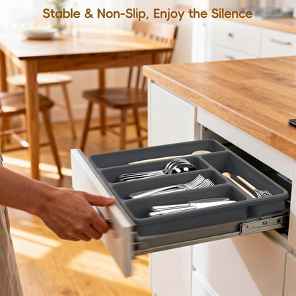 Non-Slip Silicone Kitchen Drawer Organizer for Utensils & Flatware | Heavy-Duty Silverware Cutlery Tray Insert | Waterproof, Easy-Clean for Office, Junk Drawer