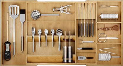 Bamboo Silverware Drawer Organizer, 17.72-29.53 Inch Expandable Large Kitchen Drawer Organizer, 5-8 Slot Flatware with Removable Card Slots & Knife Block for Spoon Butter Knive, Natural