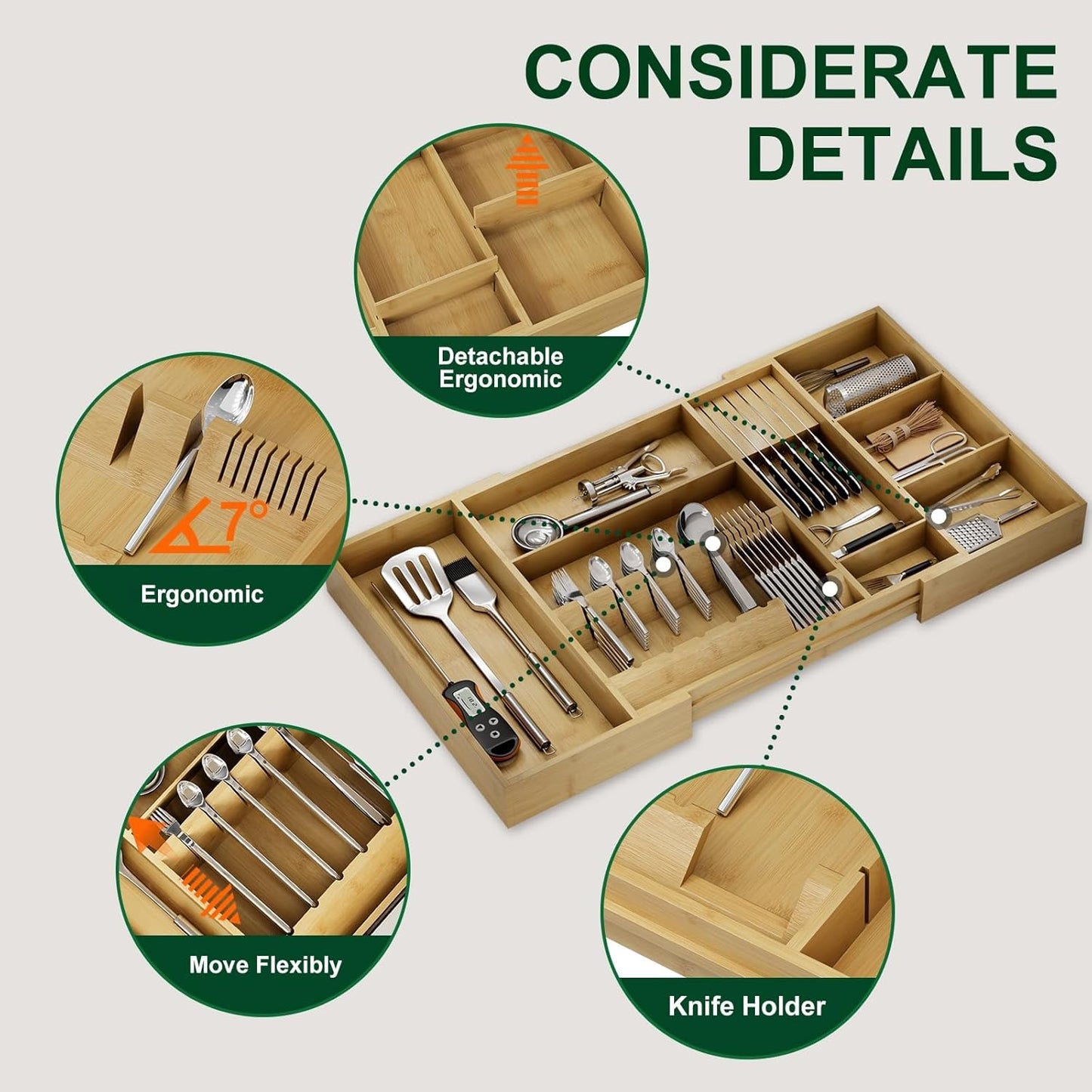 Bamboo Silverware Drawer Organizer, 17.72-29.53 Inch Expandable Large Kitchen Drawer Organizer, 5-8 Slot Flatware with Removable Card Slots & Knife Block for Spoon Butter Knive, Natural