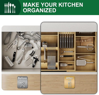 Bamboo Silverware Drawer Organizer, 17.72-29.53 Inch Expandable Large Kitchen Drawer Organizer, 5-8 Slot Flatware with Removable Card Slots & Knife Block for Spoon Butter Knive, Natural