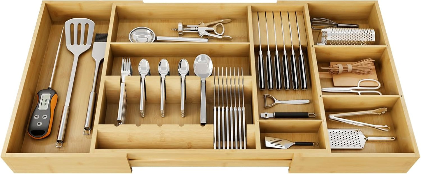 Bamboo Silverware Drawer Organizer, 17.72-29.53 Inch Expandable Large Kitchen Drawer Organizer, 5-8 Slot Flatware with Removable Card Slots & Knife Block for Spoon Butter Knive, Natural