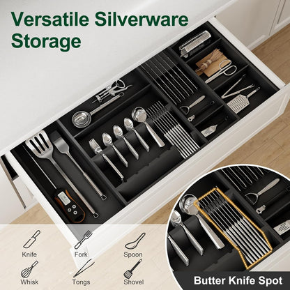 Bamboo Silverware Drawer Organizer, 17.72-29.53 Inch Expandable Large Kitchen Drawer Organizer, 5-8 Slot Flatware with Removable Card Slots & Knife Block for Spoon Butter Knive, Natural