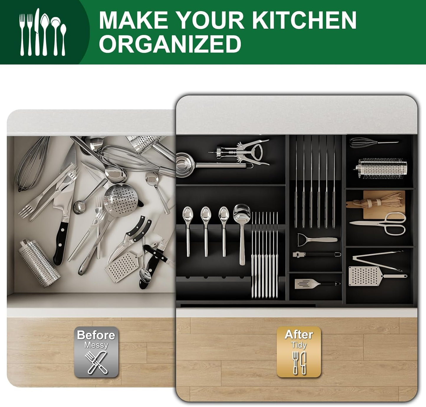 Bamboo Silverware Drawer Organizer, 17.72-29.53 Inch Expandable Large Kitchen Drawer Organizer, 5-8 Slot Flatware with Removable Card Slots & Knife Block for Spoon Butter Knive, Natural