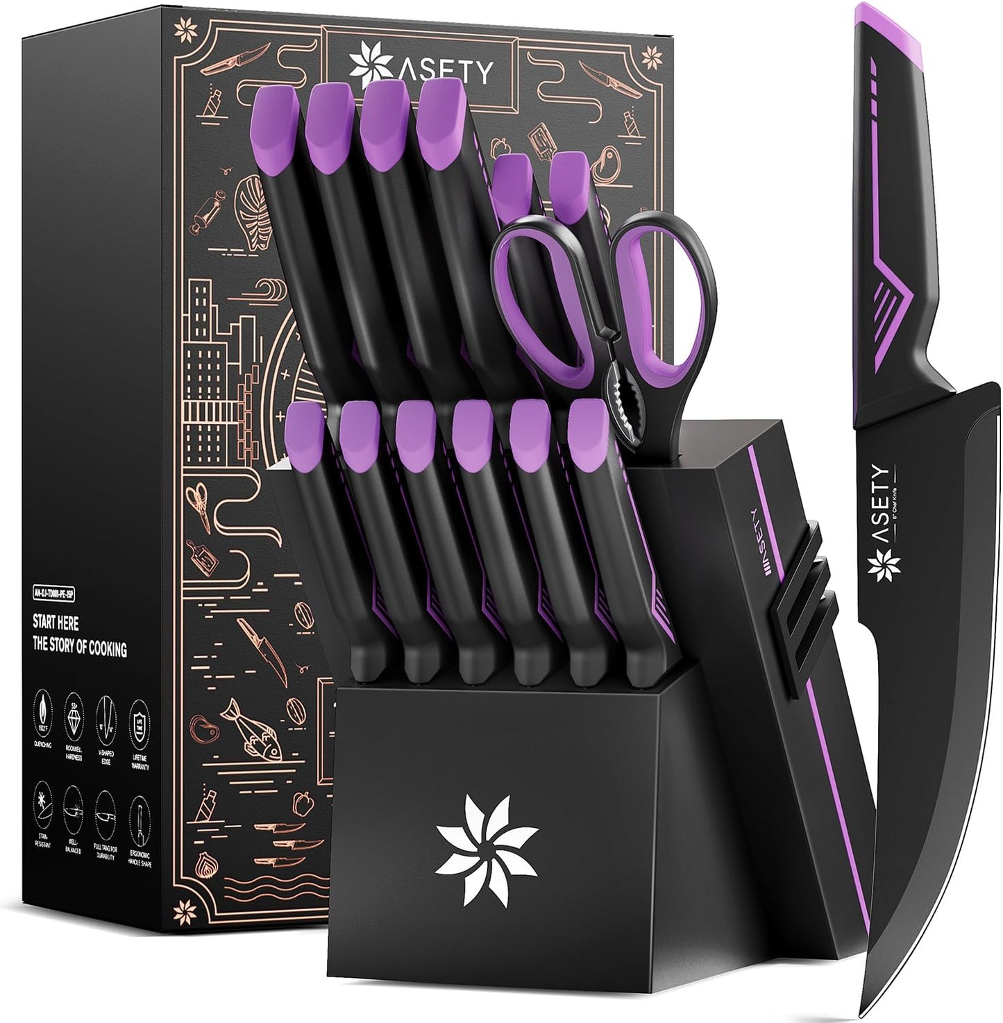 Knife Set - 15 PCS Kitchen Knife Set with Built-in Knife Sharpener Block - Stainless Steel Knife Block Set - Dishwasher Safe, Elegant Box for Men Women, Fathers day