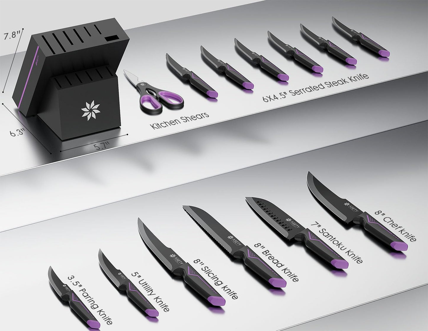 Knife Set - 15 PCS Kitchen Knife Set with Built-in Knife Sharpener Block - Stainless Steel Knife Block Set - Dishwasher Safe, Elegant Box for Men Women, Fathers day
