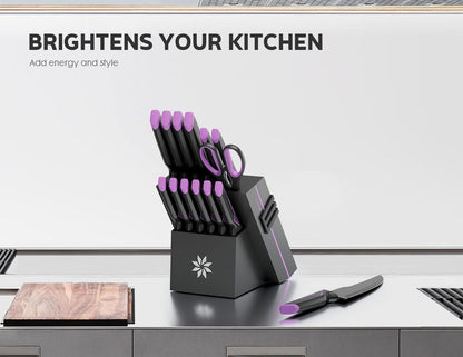 Knife Set - 15 PCS Kitchen Knife Set with Built-in Knife Sharpener Block - Stainless Steel Knife Block Set - Dishwasher Safe, Elegant Box for Men Women, Fathers day