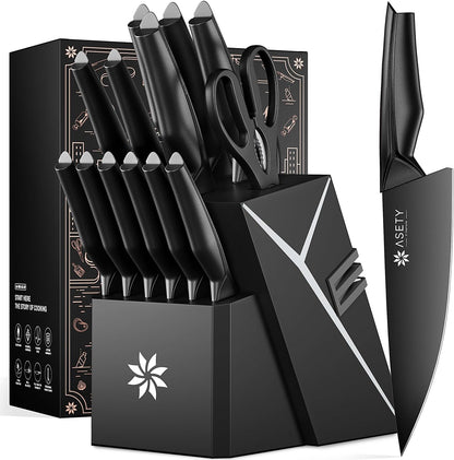 Knife Set - 15 PCS Kitchen Knife Set with Built-in Knife Sharpener Block - Stainless Steel Knife Block Set - Dishwasher Safe, Elegant Box for Men Women, Fathers day