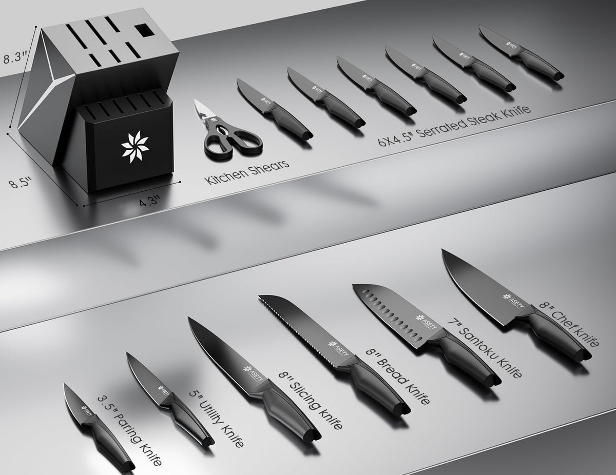 Knife Set - 15 PCS Kitchen Knife Set with Built-in Knife Sharpener Block - Stainless Steel Knife Block Set - Dishwasher Safe, Elegant Box for Men Women, Fathers day