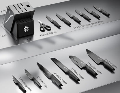 Knife Set - 15 PCS Kitchen Knife Set with Built-in Knife Sharpener Block - Stainless Steel Knife Block Set - Dishwasher Safe, Elegant Box for Men Women, Fathers day