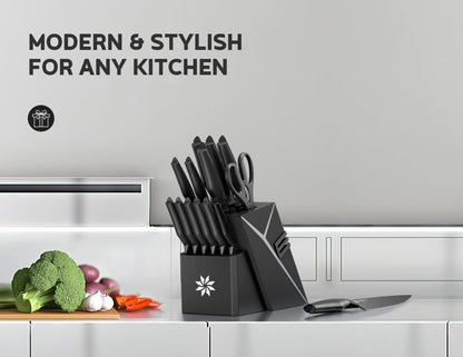 Knife Set - 15 PCS Kitchen Knife Set with Built-in Knife Sharpener Block - Stainless Steel Knife Block Set - Dishwasher Safe, Elegant Box for Men Women, Fathers day