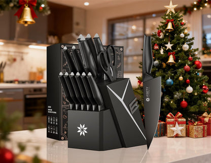 Knife Set - 15 PCS Kitchen Knife Set with Built-in Knife Sharpener Block - Stainless Steel Knife Block Set - Dishwasher Safe, Elegant Box for Men Women, Fathers day
