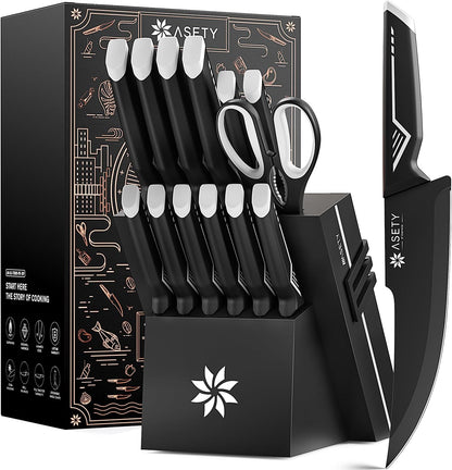 Knife Set - 15 PCS Kitchen Knife Set with Built-in Knife Sharpener Block - Stainless Steel Knife Block Set - Dishwasher Safe, Elegant Box for Men Women, Fathers day