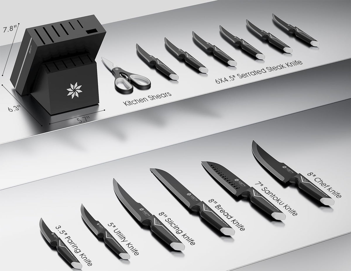 Knife Set - 15 PCS Kitchen Knife Set with Built-in Knife Sharpener Block - Stainless Steel Knife Block Set - Dishwasher Safe, Elegant Box for Men Women, Fathers day
