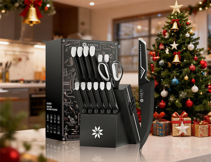 Knife Set - 15 PCS Kitchen Knife Set with Built-in Knife Sharpener Block - Stainless Steel Knife Block Set - Dishwasher Safe, Elegant Box for Men Women, Fathers day