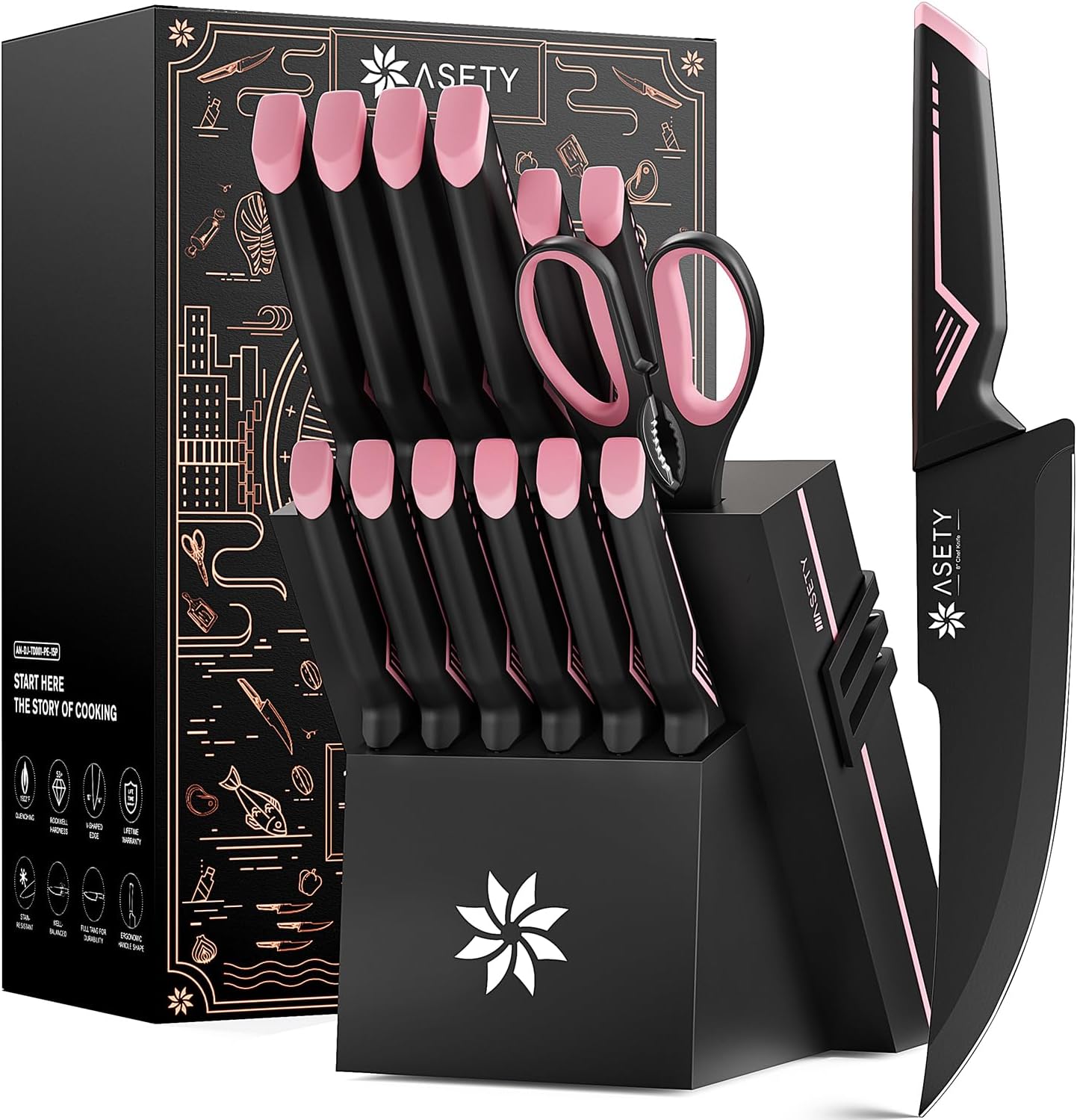 Knife Set - 15 PCS Kitchen Knife Set with Built-in Knife Sharpener Block - Stainless Steel Knife Block Set - Dishwasher Safe, Elegant Box for Men Women, Fathers day