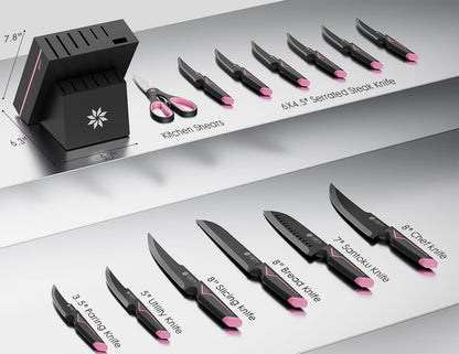 Knife Set - 15 PCS Kitchen Knife Set with Built-in Knife Sharpener Block - Stainless Steel Knife Block Set - Dishwasher Safe, Elegant Box for Men Women, Fathers day