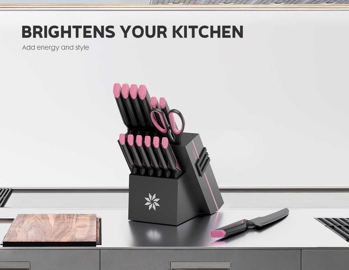 Knife Set - 15 PCS Kitchen Knife Set with Built-in Knife Sharpener Block - Stainless Steel Knife Block Set - Dishwasher Safe, Elegant Box for Men Women, Fathers day