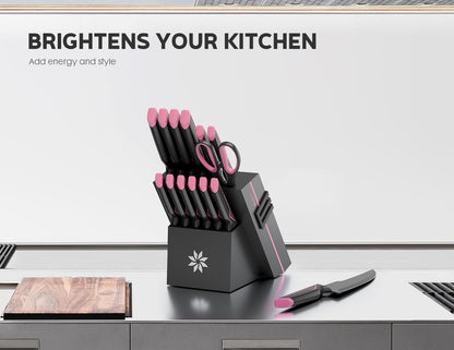 Knife Set - 15 PCS Kitchen Knife Set with Built-in Knife Sharpener Block - Stainless Steel Knife Block Set - Dishwasher Safe, Elegant Box for Men Women, Fathers day