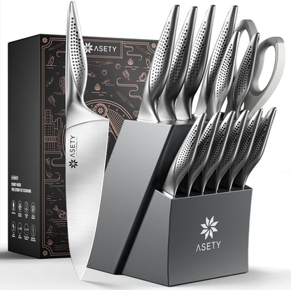 Knife Set - 15 PCS Kitchen Knife Set with Built-in Knife Sharpener Block - Stainless Steel Knife Block Set - Dishwasher Safe, Elegant Box for Men Women, Fathers day