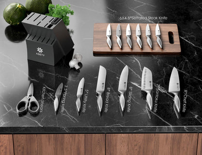 Knife Set - 15 PCS Kitchen Knife Set with Built-in Knife Sharpener Block - Stainless Steel Knife Block Set - Dishwasher Safe, Elegant Box for Men Women, Fathers day