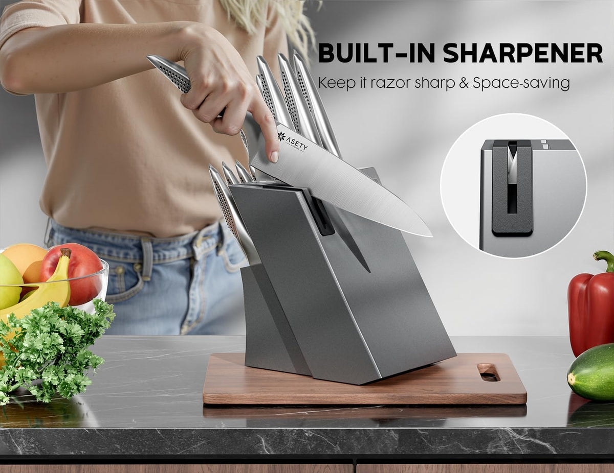 Knife Set - 15 PCS Kitchen Knife Set with Built-in Knife Sharpener Block - Stainless Steel Knife Block Set - Dishwasher Safe, Elegant Box for Men Women, Fathers day