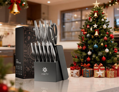Knife Set - 15 PCS Kitchen Knife Set with Built-in Knife Sharpener Block - Stainless Steel Knife Block Set - Dishwasher Safe, Elegant Box for Men Women, Fathers day