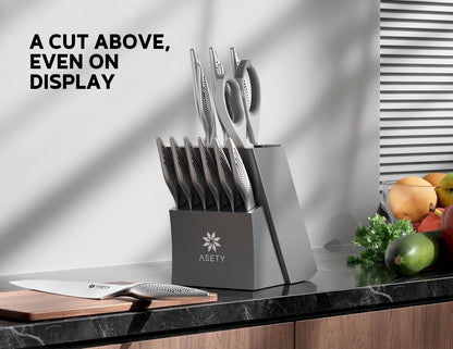 Knife Set - 15 PCS Kitchen Knife Set with Built-in Knife Sharpener Block - Stainless Steel Knife Block Set - Dishwasher Safe, Elegant Box for Men Women, Fathers day