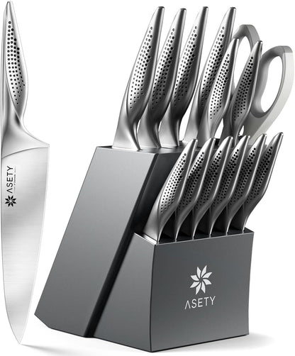 Knife Set - 15 PCS Kitchen Knife Set with Built-in Knife Sharpener Block - Stainless Steel Knife Block Set - Dishwasher Safe, Elegant Box for Men Women, Fathers day