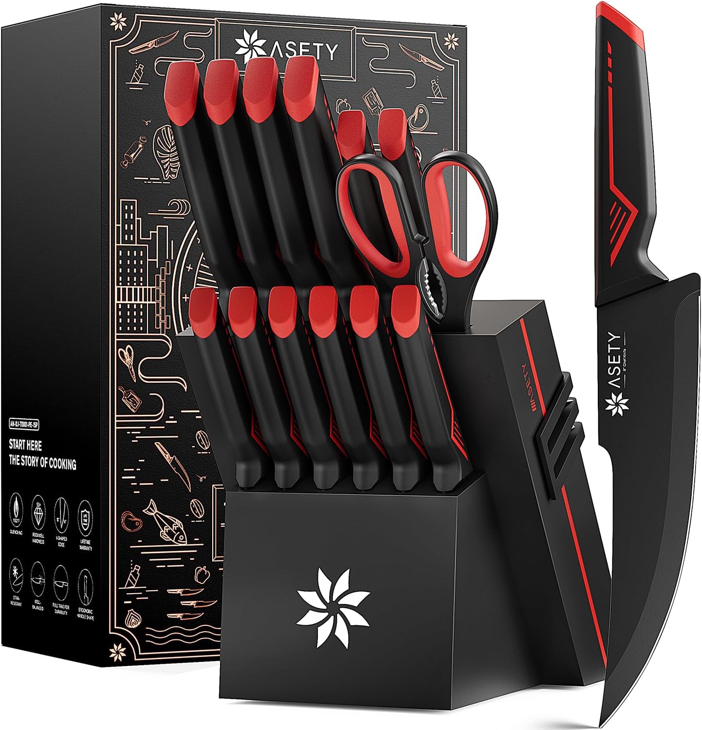 Knife Set - 15 PCS Kitchen Knife Set with Built-in Knife Sharpener Block - Stainless Steel Knife Block Set - Dishwasher Safe, Elegant Box for Men Women, Fathers day