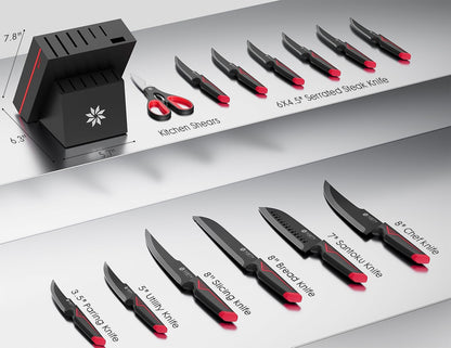 Knife Set - 15 PCS Kitchen Knife Set with Built-in Knife Sharpener Block - Stainless Steel Knife Block Set - Dishwasher Safe, Elegant Box for Men Women, Fathers day